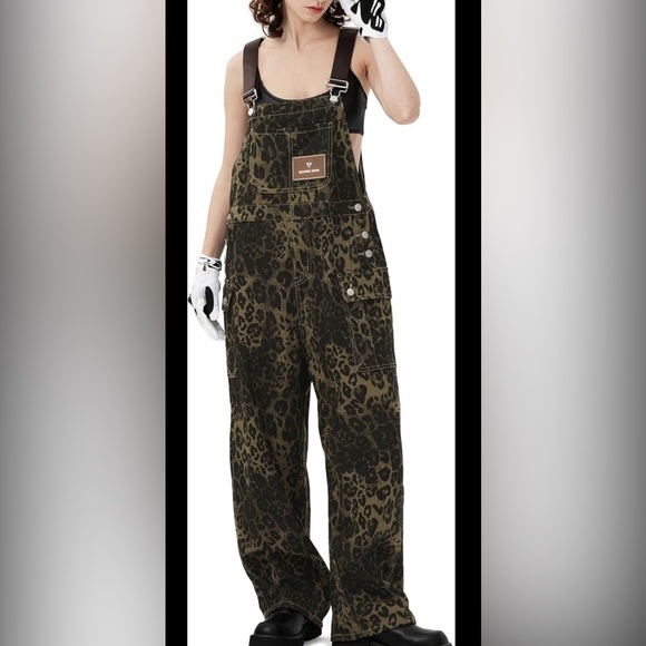 Aelfric Eden Salopette Jean Femme Léopard Y2K - Jumpsuit Ample Poches Cargo Bretelles Réglables